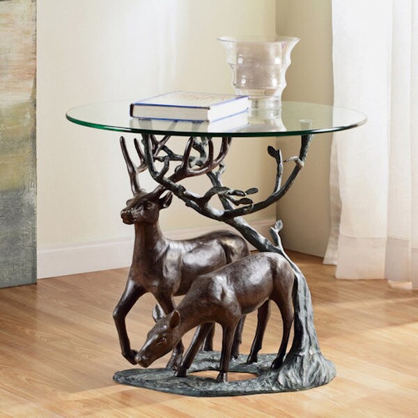 Table Base Deer Doe Buck Sculptures Glass top Forest setting Statuary